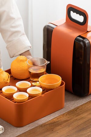 Realistic Ceramic Orange Travel Gaiwan, Teacup & Tea Table Set