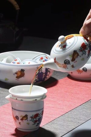 Chicken Gongfu Tea Set, Antique Style: Teapot, Cups, Pitcher & Filter