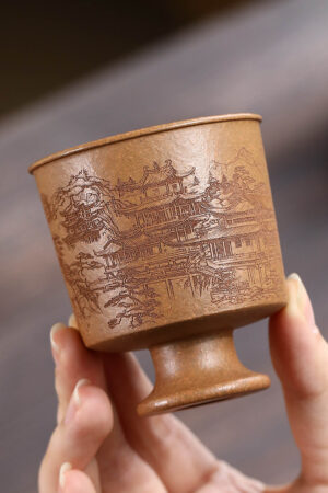 Tea Cup with Hand-Engraved Landscape, Jiangpo Clay Tea Cup with Stem 90ml