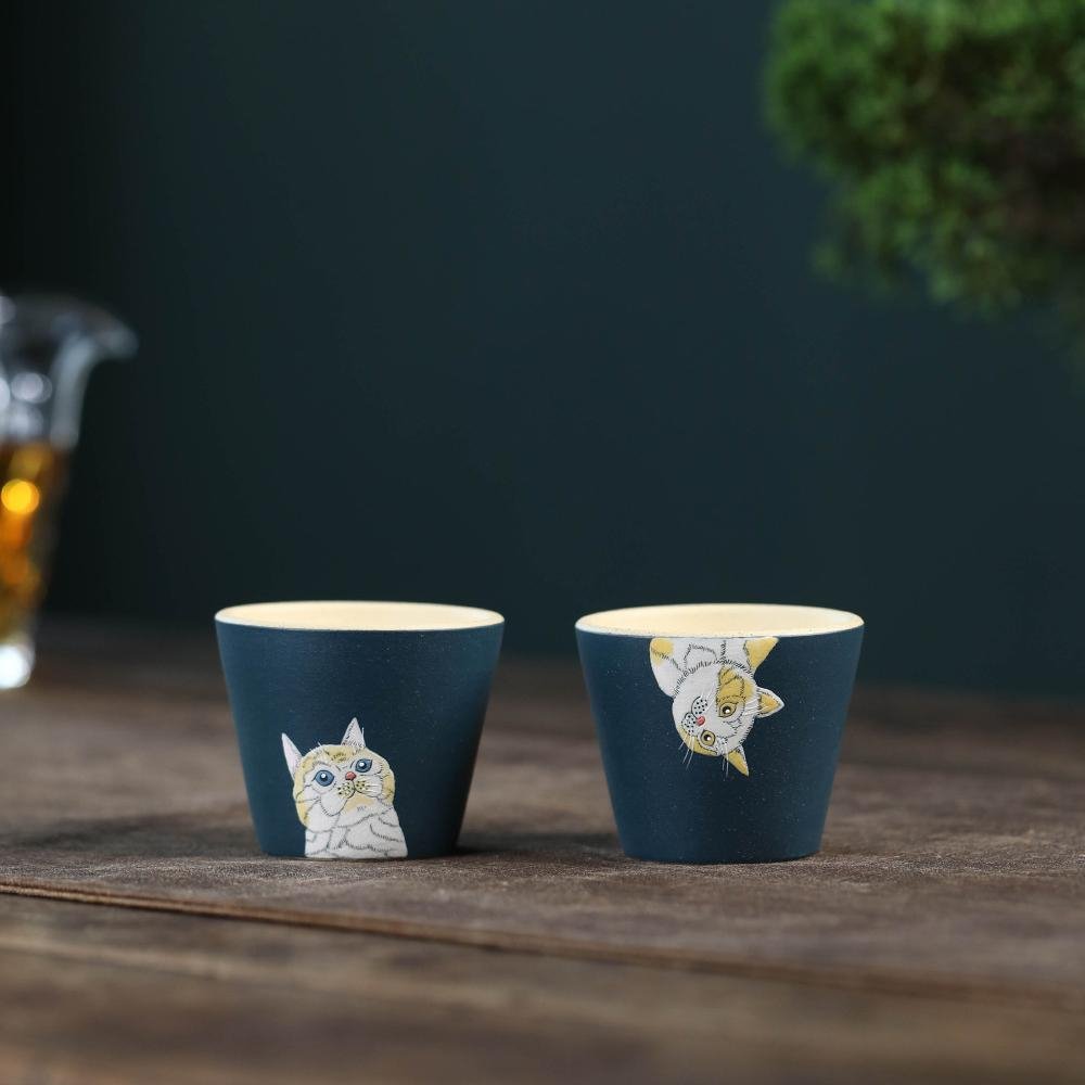 Yixing Purple Clay Cat Teacup Set - 2x Cat Painting Cups 60ml