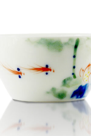 Small Porcelain Tea Cup, Fish & Lotus Pond Artwork 60ml