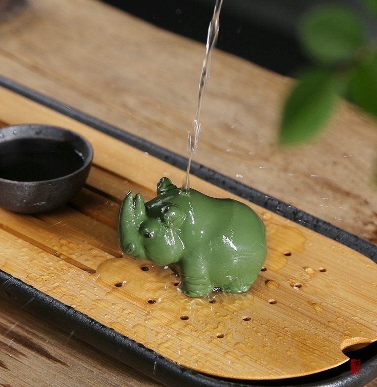 Rhino Tea Pet, Handmade Green Zisha Clay Rhinoceros Tea Pet