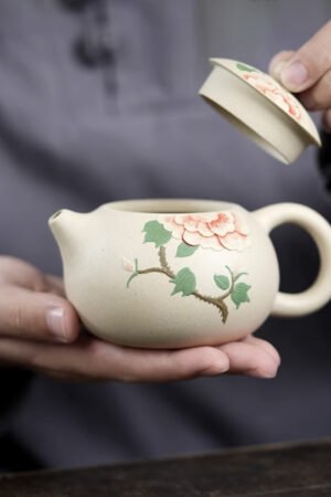 Peony Xishi Yixing Teapot & Tea Cup - White Jade Duanni Clay 250ml